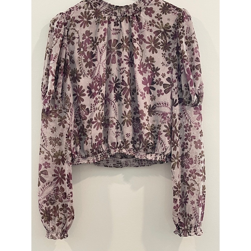 SALE Free People‎ Floral Cropped Top Lavender Boho Smocked Neck Long Sleeve NWT